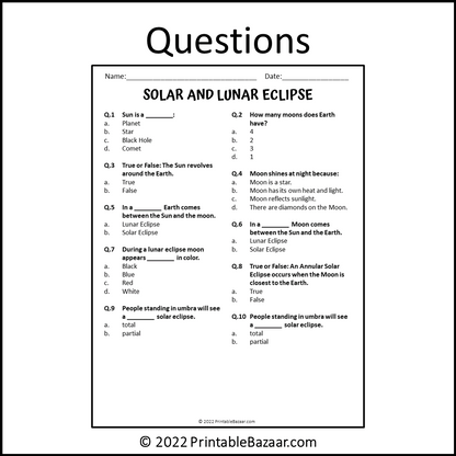Solar And Lunar Eclipse Reading Comprehension Passage and Questions | Printable PDF