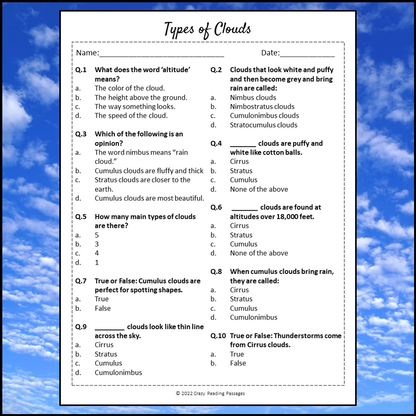Types Of Clouds Reading Comprehension Passage and Questions | Printable PDF