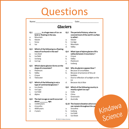 Glaciers Reading Comprehension Passage and Questions | Printable PDF