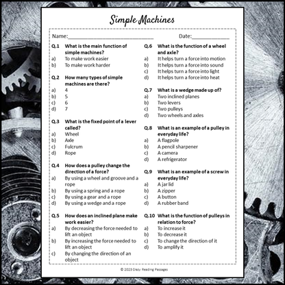 Simple Machines Reading Comprehension Passage and Questions | Printable PDF