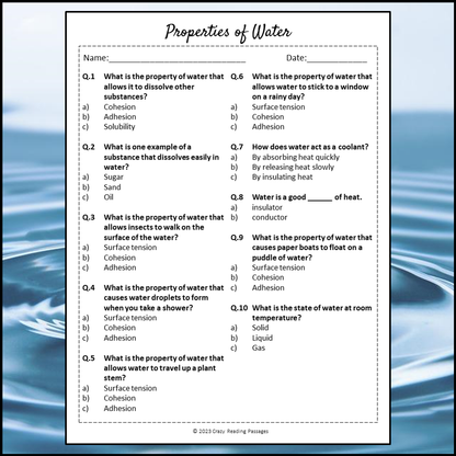 Properties Of Water Reading Comprehension Passage and Questions | Printable PDF