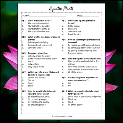 Aquatic Plants Reading Comprehension Passage and Questions | Printable PDF