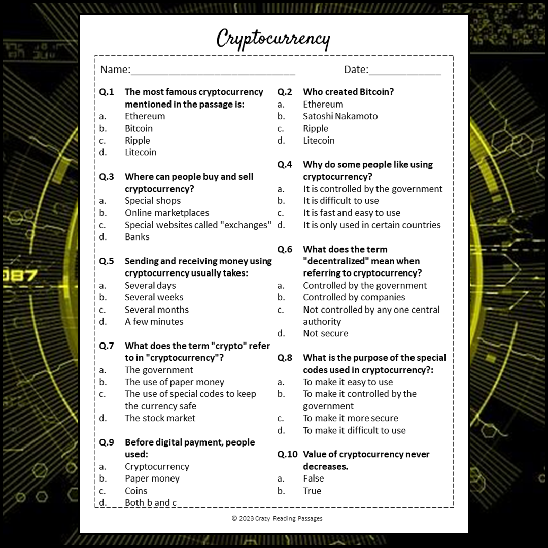 Cryptocurrency Reading Comprehension Passage and Questions | Printable PDF