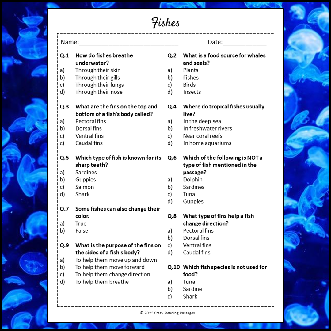 Fishes Reading Comprehension Passage and Questions | Printable PDF