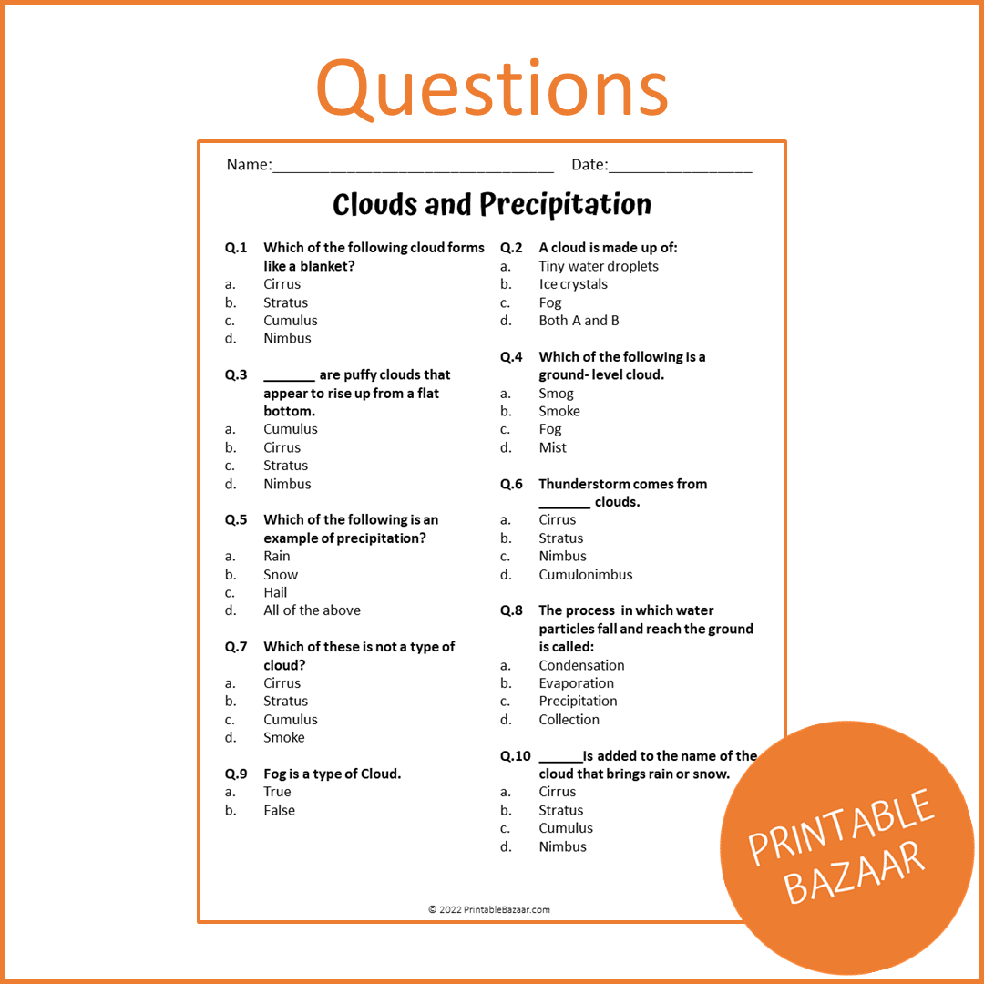 Clouds And Precipitation Reading Comprehension Passage and Questions | Printable PDF