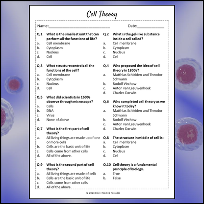 Cell Theory Reading Comprehension Passage and Questions | Printable PDF