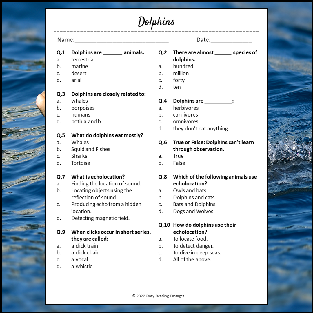 Dolphins Reading Comprehension Passage and Questions | Printable PDF