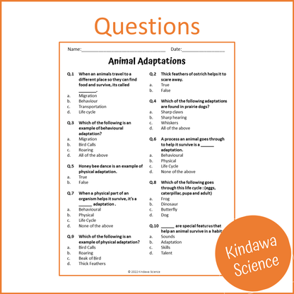 Animal Adaptations Reading Comprehension Passage and Questions | Printable PDF