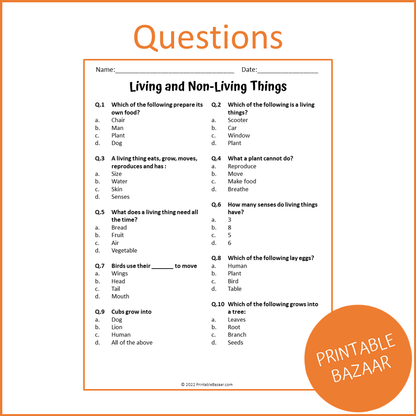 Living and Non-Living Reading Comprehension Passage and Questions | Printable PDF