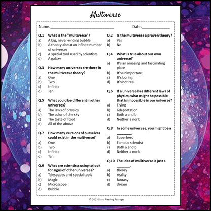 Multiverse Reading Comprehension Passage and Questions | Printable PDF