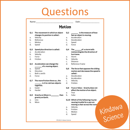 Motion Reading Comprehension Passage and Questions | Printable PDF