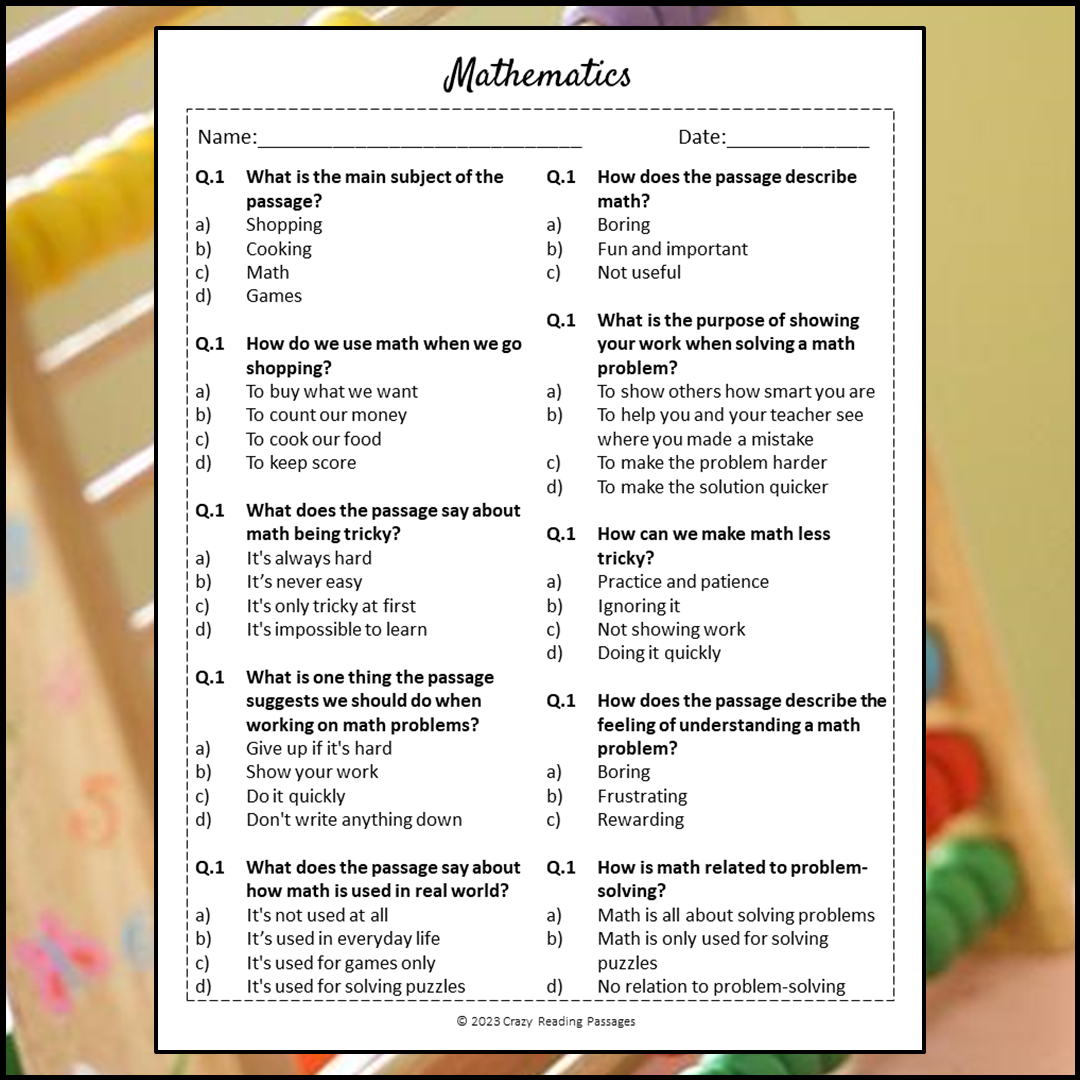 Mathematics Reading Comprehension Passage and Questions | Printable PDF