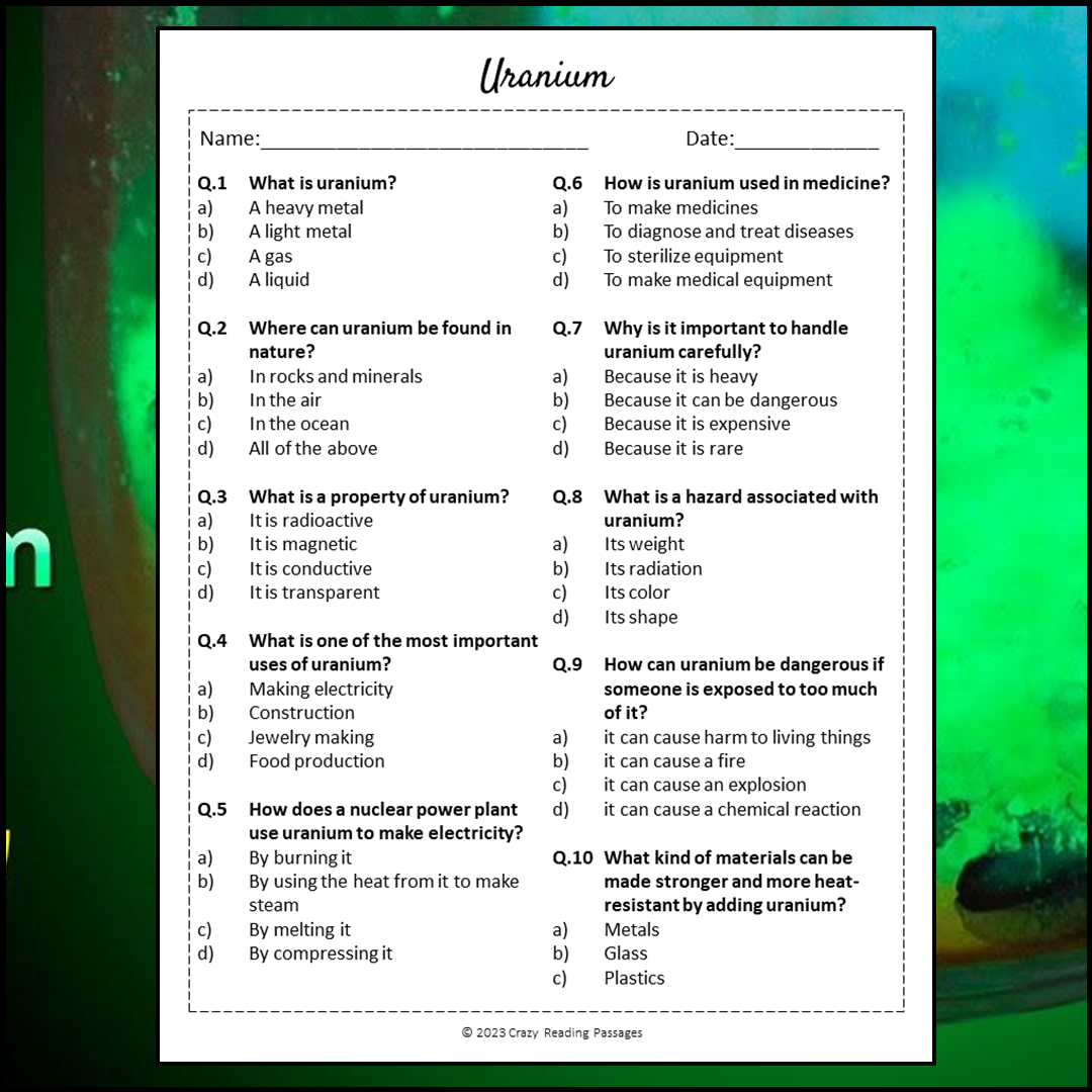 Uranium Reading Comprehension Passage and Questions | Printable PDF