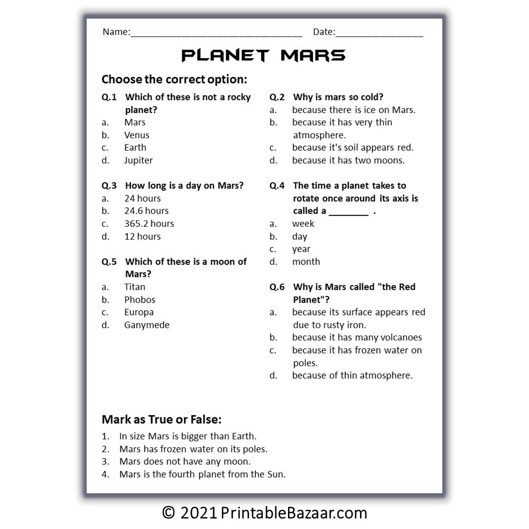 Mars Reading Comprehension Passage and Questions – PrintableBazaar