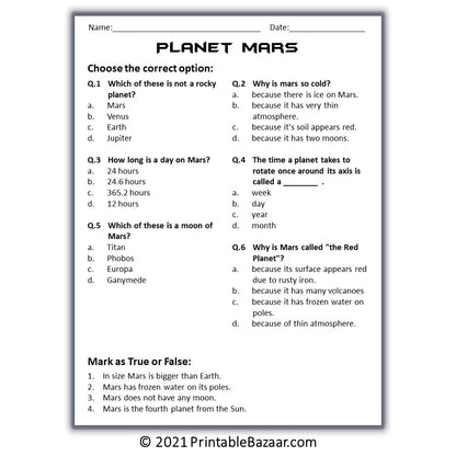 Mars Reading Comprehension Passage and Questions