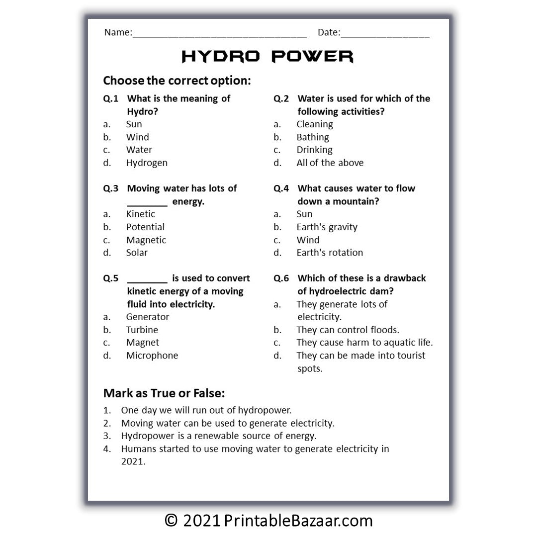 Hydro Power Reading Comprehension Passage and Questions