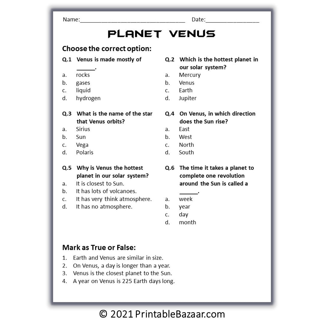 Venus Reading Comprehension Passage and Questions