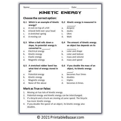 Kinetic Energy Reading Comprehension Passage and Questions