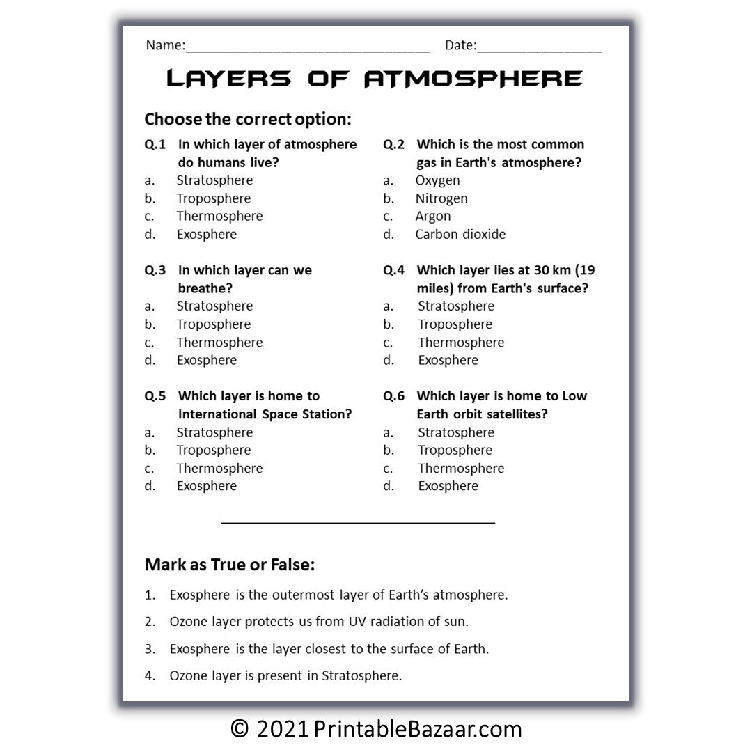 Layers of Atmosphere Reading Comprehension Passage and Questions