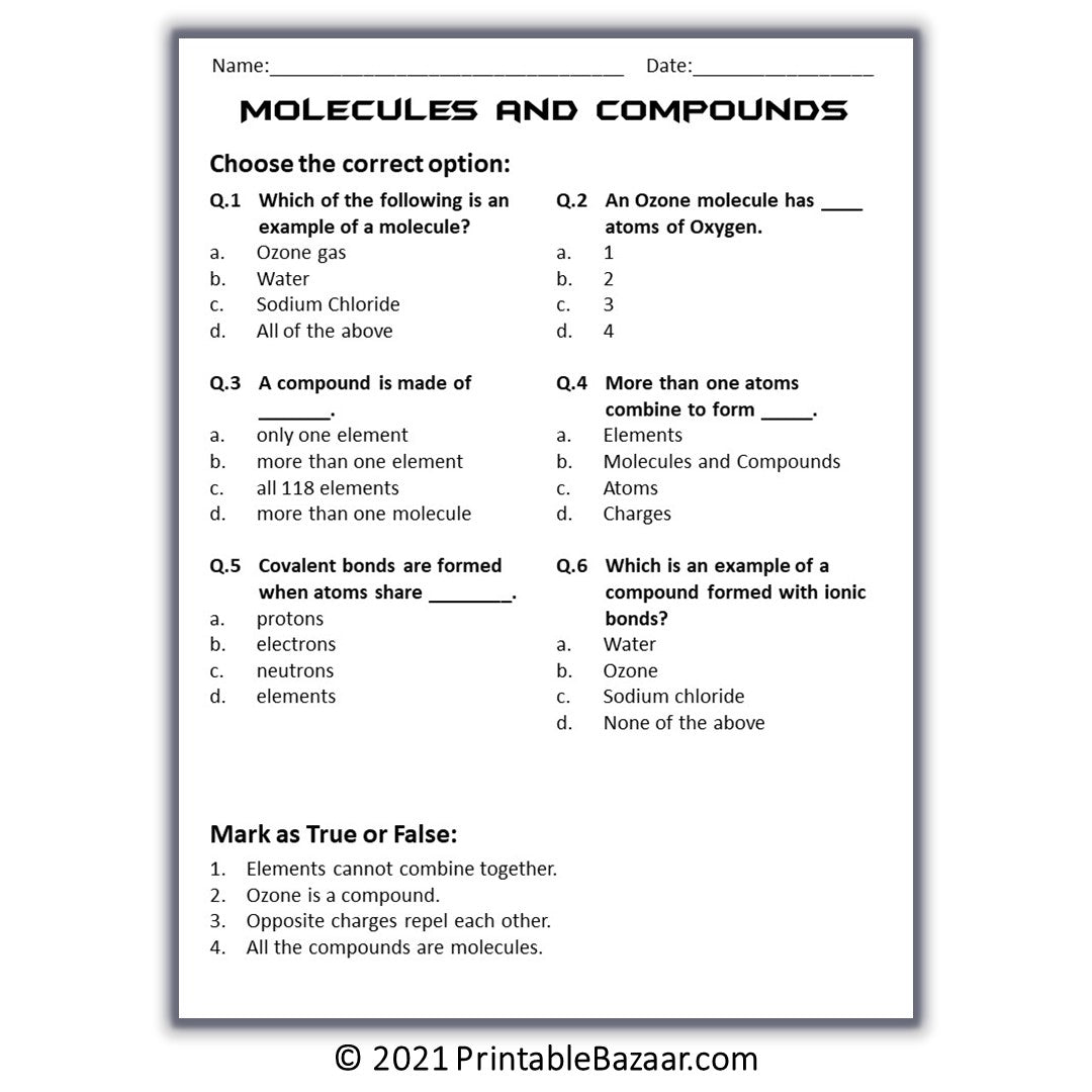Molecules and Compounds Reading Comprehension Passage and Questions
