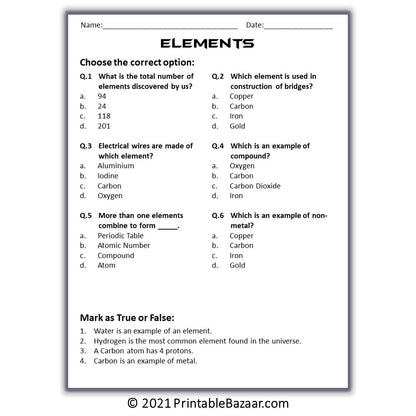 Elements Reading Comprehension Passage and Questions