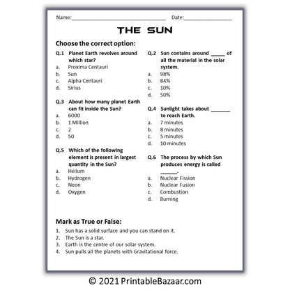 The Sun Reading Comprehension Passage and Questions